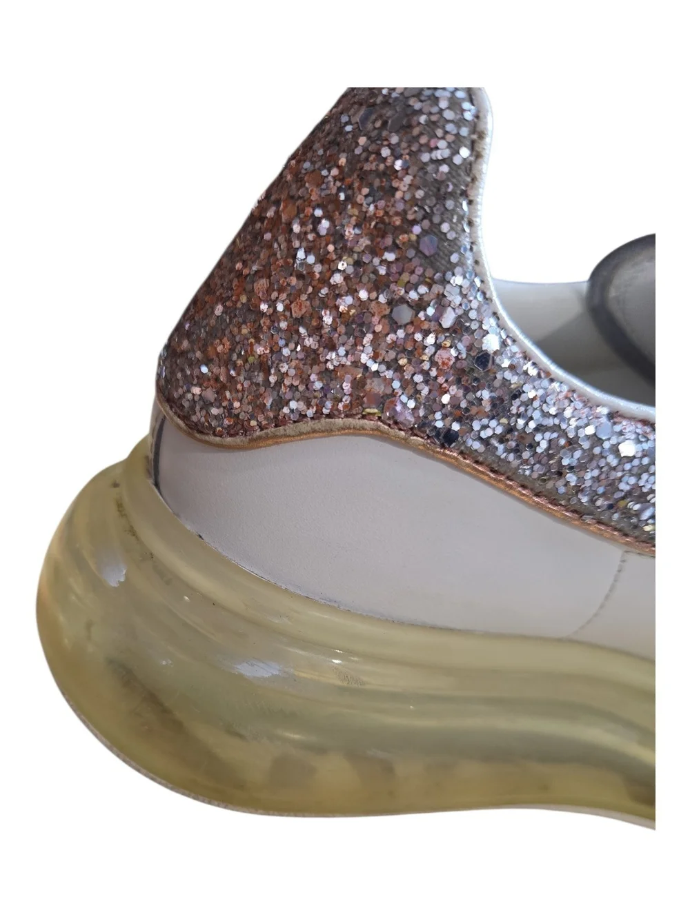Alexander McQueen Oversized White Leather Glitter Heel Sneakers